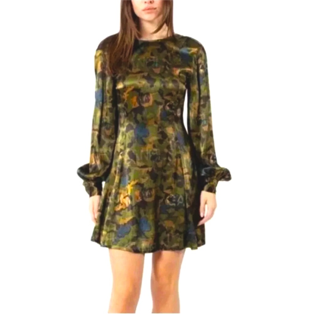 GANNI heavy satin green kalamata logo print do mini dress low back 34 XS